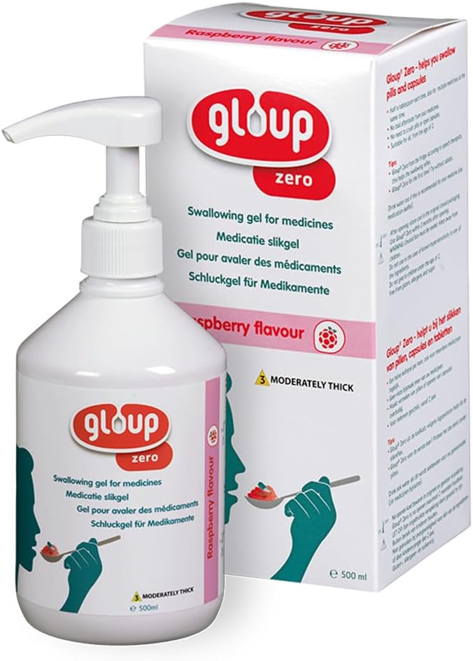 pill thing Gloup Pill Swallowing Gel Aid, PatCom Medical Medication Aid, Safe for Severe Dysphagia | IDDSI Level 3 | Easy Pump Dispensing (Zero - Raspberry, Pack of 1) - Image 1